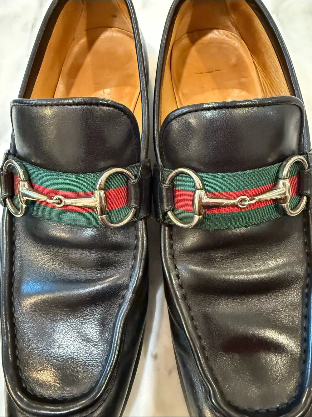 Vintage Gucci Horsebit Loafers Black Leather Web Stripe Mens 41 Italy